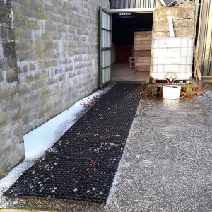 Grass Mats Used To Create A Non-Slip Path Over Icy Concrete For Ponies