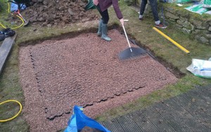 Gravel being raked over 6ft x 6ft Hot Tub Base