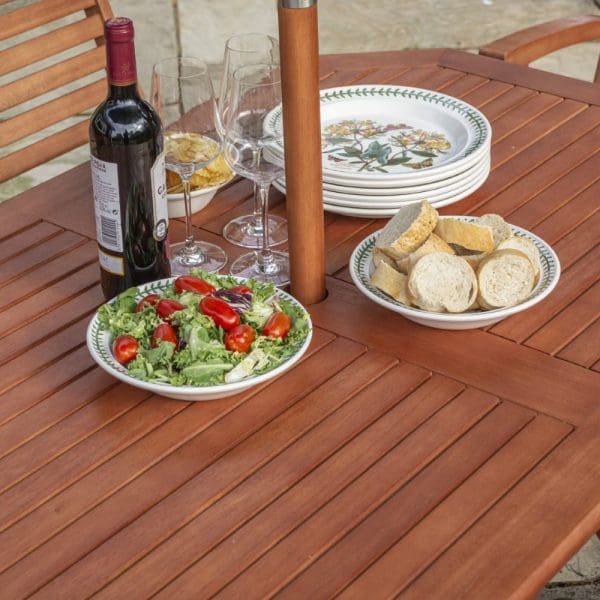 Plumley 6 Seat Dining Set  Green Cushions, Parasol and 15Kg Base - Image 2