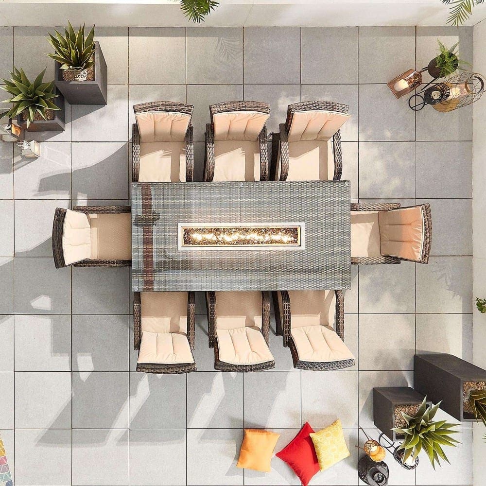 Olivia 8 Seat Rectangle Dining Set With Fire Pit Brown