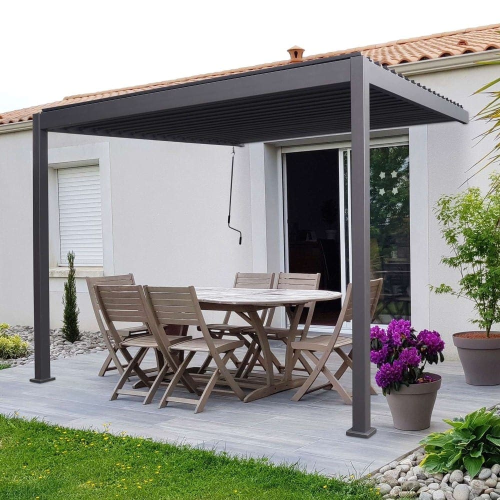 3m Square Grey Wall Mounted Titan Pergola Grey Aluminium