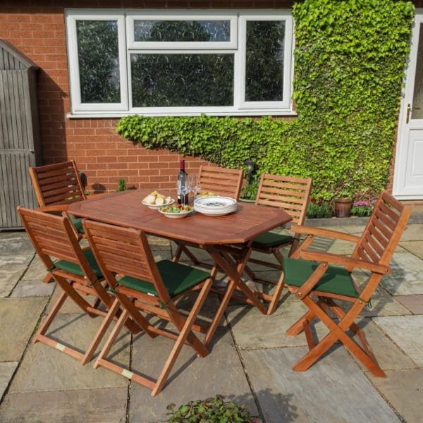 Plumley 6 Seat Dining Set Green Cushions - Image 2