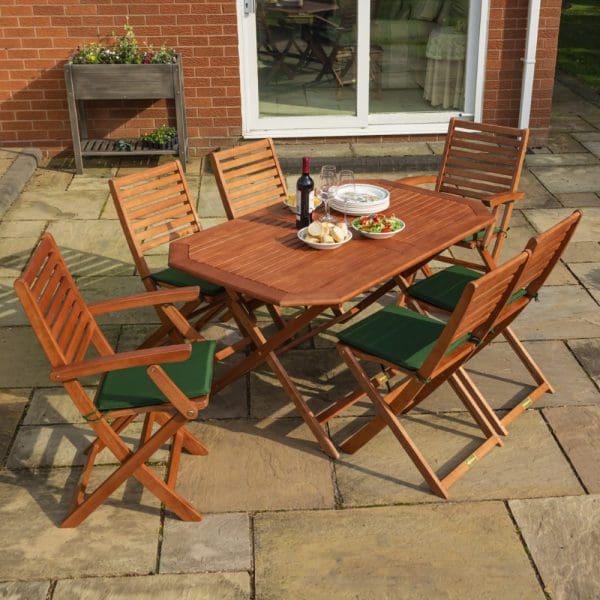Plumley 6 Seat Dining Set Green Cushions - Image 3