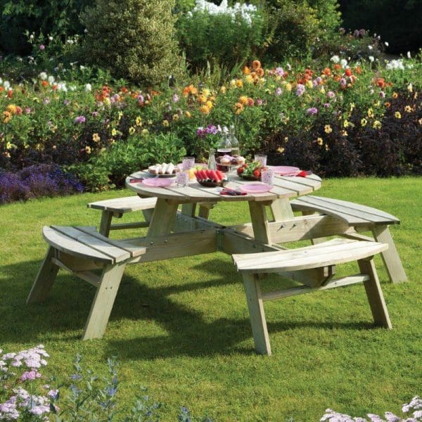Round Picnic Table with Grey Parasol and Base